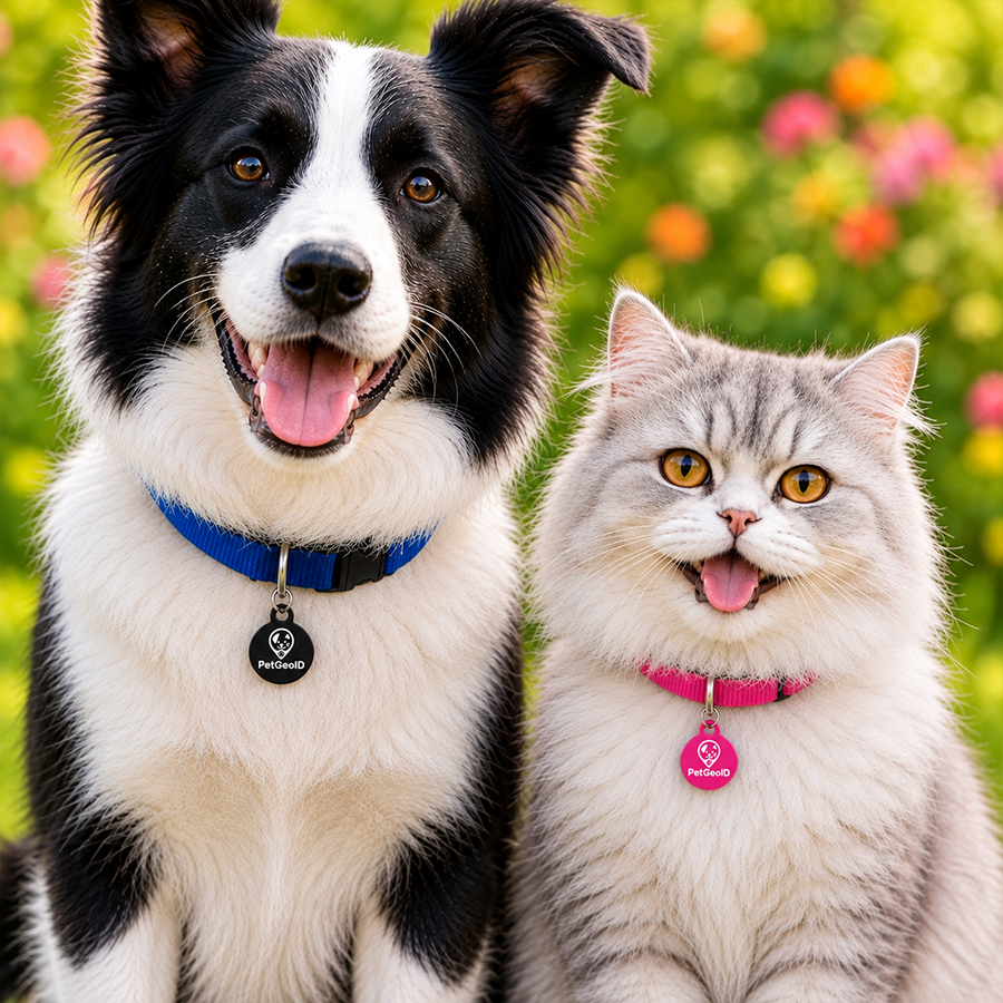 Tag Pet GeoID na coleira de um cão e de um gato