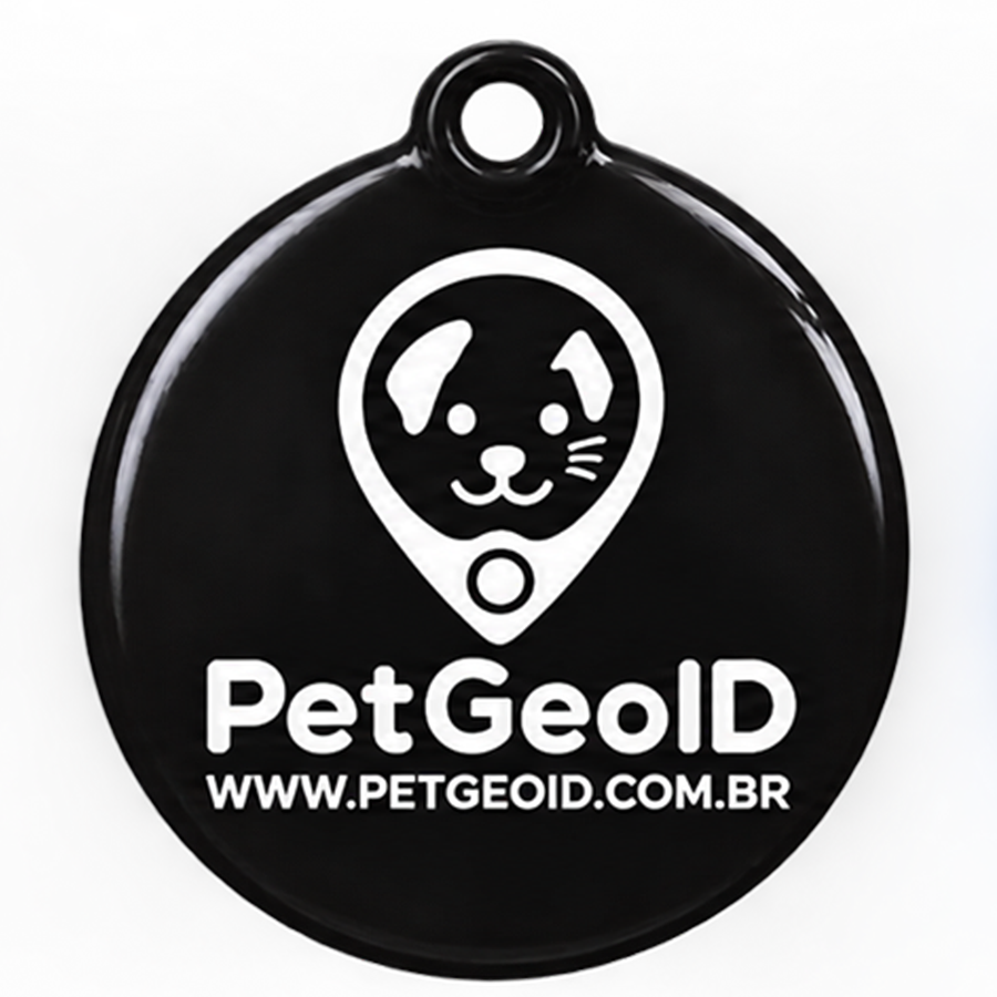 Tag Pet GeoID preta 2,5 cm com logo branca