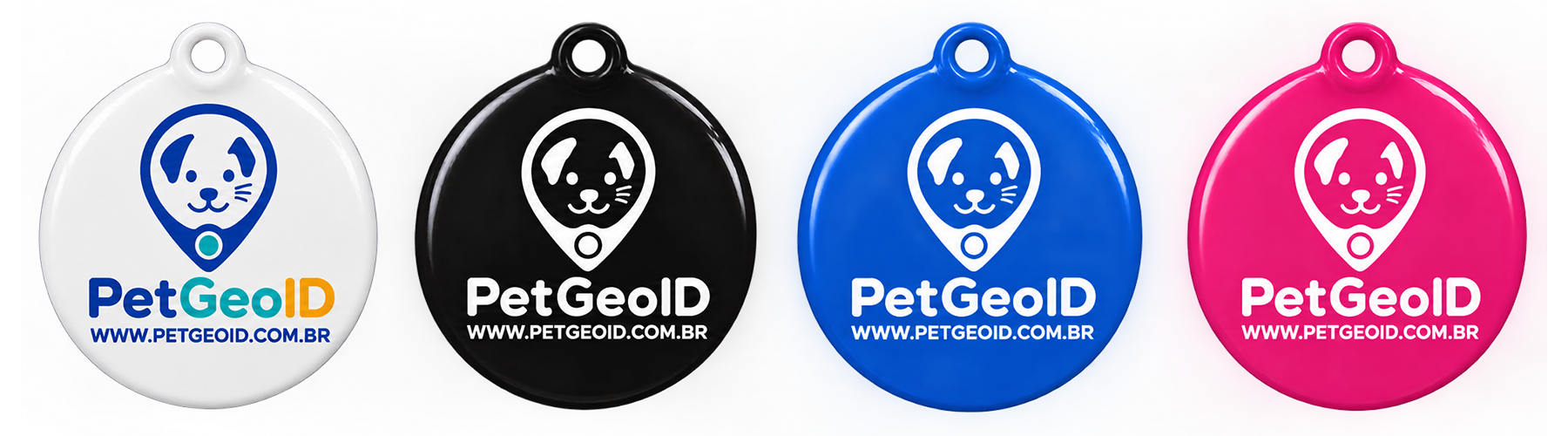 Tags Pet GeoID de 2,5 cm nas cores branca, preta, azul e rosa, com logo correta